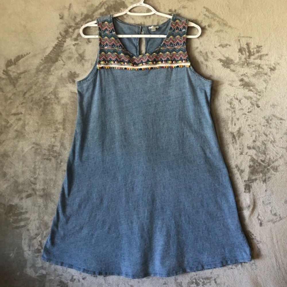 100% Cotton Embroidered Chambray Shift Dress‎ Sleeveless Boho Blue Size L